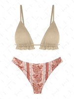 ZAFUL Maillot de Bain Bikini Bohème Cheeky à Imprimé Ethnique à Volants Taille unique Café lumière