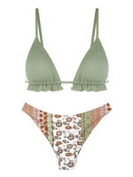 ZAFUL Maillot de Bain Bikini Bohème Cheeky à Imprimé Ethnique à Volants Taille unique Vert