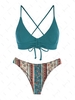 ZAFUL Maillot de Bain Bikini Bohème Côtelé Sanglé à Imprimé Ethnique à Lacets S Vert profond