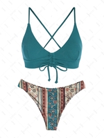 ZAFUL Maillot de Bain Bikini Bohème Côtelé Sanglé à Imprimé Ethnique à Lacets S Vert profond