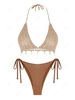 ZAFUL Maillot de Bain Bikini Bohème Métallisé Noué Coquille Au Crochet à Frange Taille unique Café