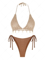 ZAFUL Maillot de Bain Bikini Bohème Métallisé Noué Coquille Au Crochet à Frange Taille unique Café
