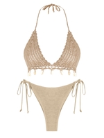 ZAFUL Maillot de Bain Bikini Bohème Métallisé Noué Coquille Au Crochet à Frange Taille unique Café lumière