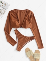 ZAFUL Maillot de Bain Bikini Brillant Pailletté à Manches Longues S Café