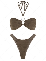 ZAFUL Maillot de Bain Bikini Brésilien Texturé à Coupe Haute en Jacquard à Col Halter S Café profond