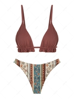 ZAFUL Maillot de Bain Bikini Cheeky Texturé à Imprimé Ethnique à Volants Style Bohémien Taille unique Café profond
