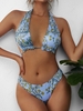 ZAFUL Maillot de Bain Bikini Convertible Côtelé Fleuri à Coupe Haute S Bleu océan