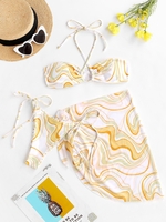 ZAFUL Maillot de Bain Bikini Croisé Marbre Abstrait à Col Halter Trois Pièces S Vert clair