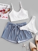 ZAFUL Maillot de Bain Bikini Côtelé à Bretelle avec Short de Plage Rayé M Blanc