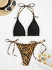 ZAFUL Maillot de Bain Bikini Côtelé à Imprimé Animal à Cordon S Noir