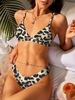 ZAFUL Maillot de Bain Bikini Côtelé à Imprimé Animal à Coupe Haute L Café lumière