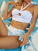 ZAFUL Maillot de Bain Bikini Côtelé à Imprimé Fleuri Noué à Col Halter S Blanc
