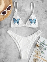 ZAFUL Maillot de Bain Bikini Côtelé à Imprimé Papillon à Jambe Haute L Blanc