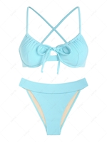 ZAFUL Maillot de Bain Bikini Côtelé à Jambe Haute avec Nœud Papillon M Bleu clair