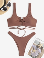 ZAFUL Maillot de Bain Bikini Côtelé à Lacets à Jambe Haute M Café