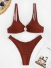 ZAFUL Maillot de Bain Bikini Côtelé Anneau en O à Double Bretelle L Café