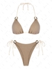 ZAFUL Maillot de Bain Bikini Côtelé Contrasté à Bretelle Anneau en O L Café profond