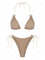 ZAFUL Maillot de Bain Bikini Côtelé Contrasté à Bretelle Anneau en O L Café profond
