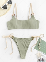 ZAFUL Maillot de Bain Bikini Côtelé Contrasté à Bretelle Anneau en O S Vert clair