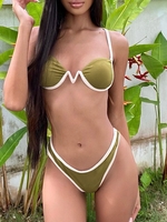 ZAFUL Maillot de Bain Bikini Côtelé Contrasté à Fente Latérale M Vert