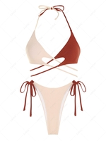 ZAFUL Maillot de Bain Bikini Côtelé Croisé Noué Bicolore S Café lumière