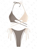 ZAFUL Maillot de Bain Bikini Côtelé Croisé Noué Bicolore S Café profond