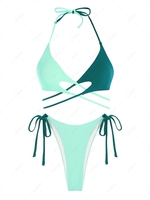 ZAFUL Maillot de Bain Bikini Côtelé Croisé Noué Bicolore S Vert