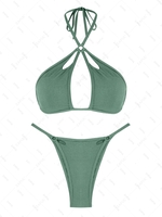ZAFUL Maillot de Bain Bikini Côtelé Découpé à Jambe Haute Anneau en O S Vert clair