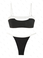 ZAFUL Maillot de Bain Bikini Côtelé Découpé Bicolore à Cordon S Noir