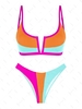 ZAFUL Maillot de Bain Bikini Côtelé en Blocs de Couleurs à Jambe Haute à Armature en V S Bleu clair