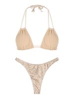 ZAFUL Maillot de Bain Bikini Côtelé Léopard à Col Plongeant Taille unique Café lumière