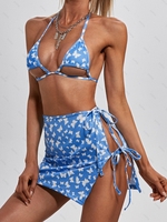ZAFUL Maillot de Bain Bikini Côtelé Métallisée Papillon Imprimé 3 Pièces S Bleu clair