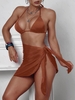 ZAFUL Maillot de Bain Bikini Côtelé Noué à Col Halter Trois Pièces M Café