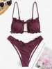ZAFUL Maillot de Bain Bikini Côtelé Noué à Coupe Haute à Volants L Concorde
