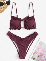 ZAFUL Maillot de Bain Bikini Côtelé Noué à Coupe Haute à Volants M Concorde