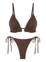 ZAFUL Maillot de Bain Bikini Côtelé Noué à Côté à Volants S Café profond