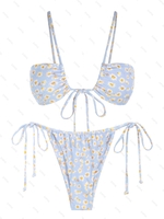 ZAFUL Maillot de Bain Bikini Côtelé Noué à Imprimé Fleuri L Bleu