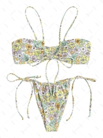 ZAFUL Maillot de Bain Bikini Côtelé Noué à Imprimé Fleuri L Vert clair