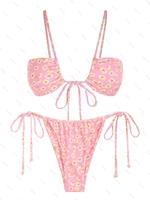 ZAFUL Maillot de Bain Bikini Côtelé Noué à Imprimé Fleuri S Rose clair