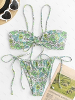 ZAFUL Maillot de Bain Bikini Côtelé Noué à Imprimé Fleuri S Vert