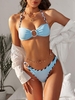 ZAFUL Maillot de Bain Bikini Côtelé Panneau Rayé Anneau en O à Col Halter L Bleu clair