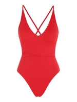 ZAFUL Maillot de Bain Bikini Côtelé Rembourré Noué Au Dos Nu en Couleur Unie S Rouge