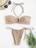ZAFUL Maillot de Bain Bikini Côtelé Sanglé Noué à Côté à Col Halter S Café lumière