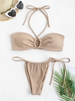 ZAFUL Maillot de Bain Bikini Côtelé Sanglé Noué à Côté à Col Halter S Café lumière