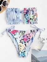 ZAFUL Maillot de Bain Bikini Côtelé Teinté Léopard à Ourlet en Laitue S Bleu clair
