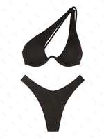 ZAFUL Maillot de Bain Bikini Côtelé Une Epaule à Jambe Haute L Noir