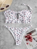 ZAFUL Maillot de Bain Bikini Découpé Cerise Imprimée à Volants M Blanc