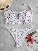 ZAFUL Maillot de Bain Bikini Découpé Cerise Imprimée à Volants M Blanc