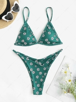 ZAFUL Maillot de Bain Bikini Découpé Côtelé Fleuri à Bretelle M Vert
