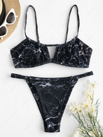ZAFUL Maillot de Bain Bikini Découpé Côtelé Marbre Imprimé à Jambe Haute M Noir